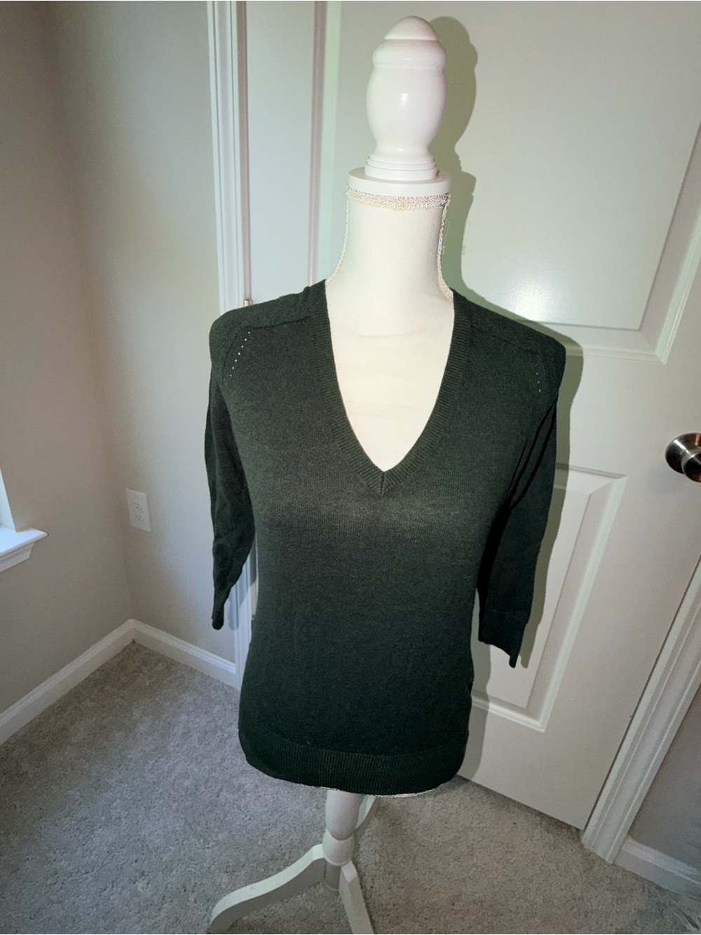 LOFT Deep Green V-Neck Sweater - Lightweight Knit